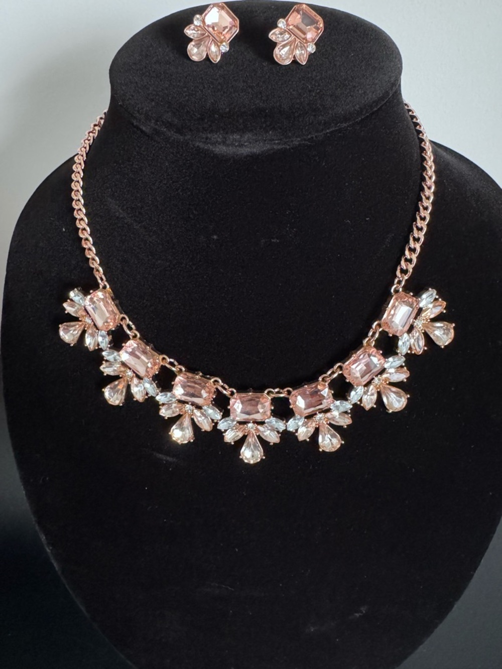 Rose Gold Pink Crystal Statement Necklace & Earring Set